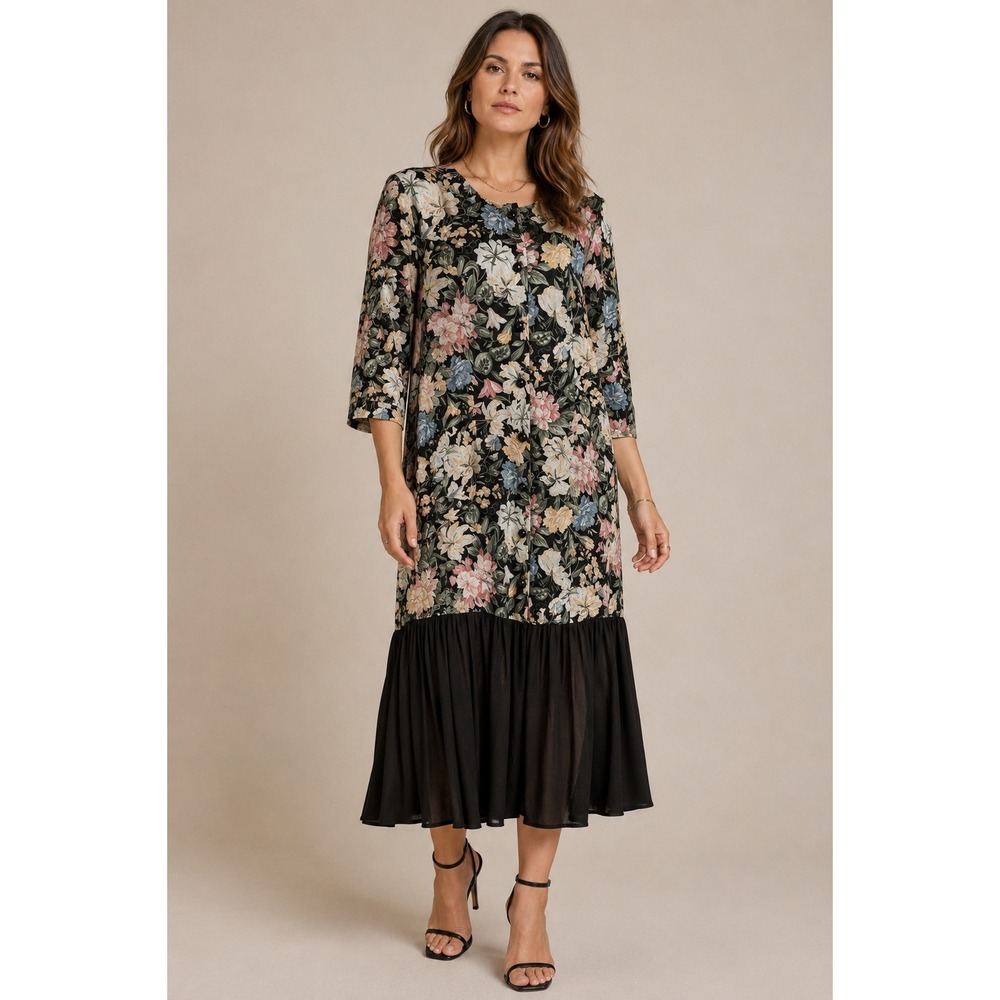 Jenny Vintage 90s Floral‎ Midi Dress Cottagecore Grunge Secretary Black Multi 14